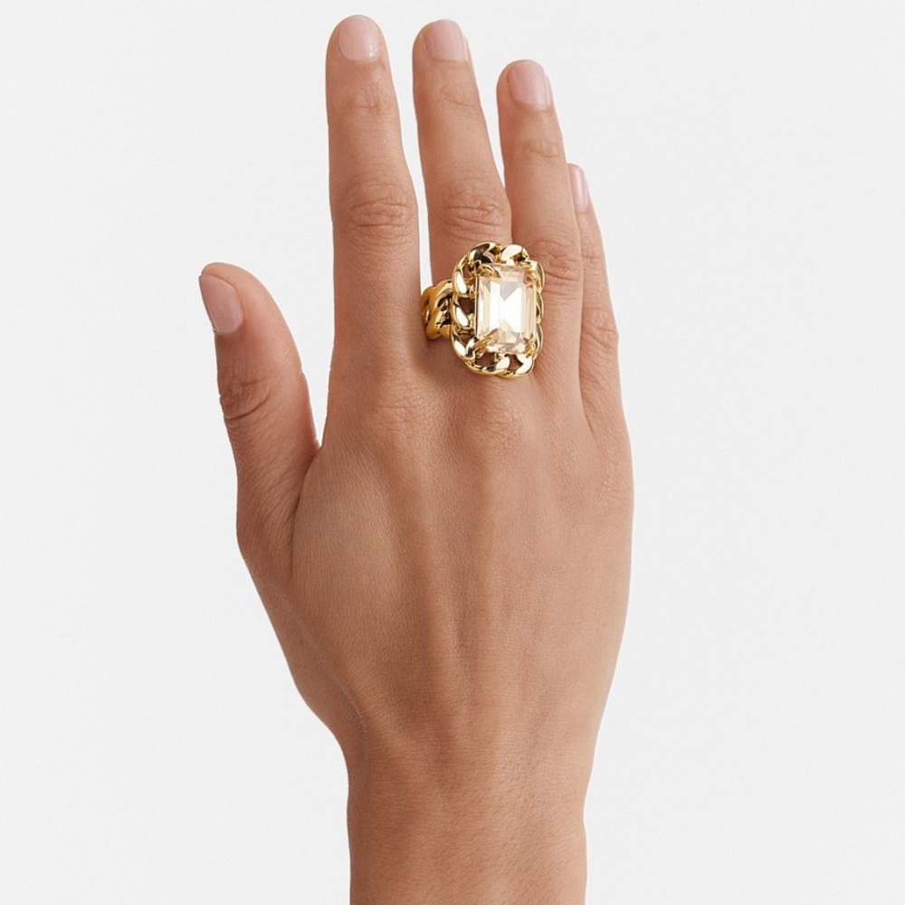 Gold Chain-Link Ring Champagne Crystal Oversized Glamour Statement 9 - Picture 2 of 4
